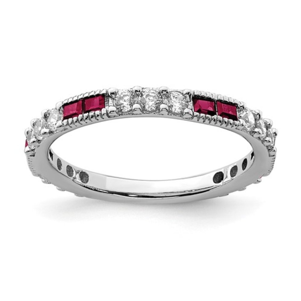 Sterling Silver Rhodium-plated Created Ruby and Round CZ Band Ring